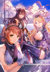 Rule 34 | 10s, 3girls, belt, bird, blue eyes, breasts, brown eyes, brown hair, cleavage, cloud, elbow gloves, flying, gloves, green eyes, harbor, iowa (kancolle), kantai collection, large breasts, long hair, miniskirt, multiple girls, mutsu (kancolle), nagato (kancolle), one eye closed, pleated skirt, rioka (southern blue sky), seagull, short hair, sitting, skirt, sky, thighhighs, water