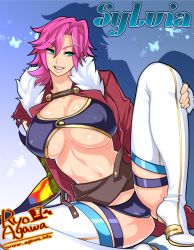 Rule 34 | 1girl, agawa ryou, armor, artist name, bad id, bad tumblr id, belt, bikini armor, blue eyes, boots, borrowed character, breasts, cape, character name, covered erect nipples, fur trim, grin, large breasts, lips, multiple belts, navel, original, pink hair, revealing clothes, short hair, sitting, smile, solo, spread legs, sylvia dawn, thigh boots, thigh strap, thighhighs, underboob, watermark, web address
