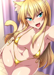 Rule 34 | 1girl, :d, animal ear fluff, animal ears, aqua eyes, arm at side, arm up, armpits, bikini, blonde hair, blush, breasts, cat ears, cat girl, cat tail, collarbone, commentary request, curtains, fang, gold bikini, highleg, highleg bikini, highleg swimsuit, highres, indoors, large breasts, long hair, looking at viewer, micro bikini, navel, nokoppa, open mouth, original, shiny skin, side-tie bikini bottom, sidelocks, smile, solo, standing, stomach, string bikini, swimsuit, tail, tongue, yellow tail