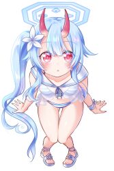 Rule 34 | 1girl, absurdres, bikini, blue archive, blue hair, blue halo, blush, breasts, chise (blue archive), chise (swimsuit) (blue archive), dani (kamenoaru), flower, gluteal fold, hair flower, hair ornament, halo, highres, horns, long hair, looking at viewer, navel, oni, oni horns, red eyes, sandals, see-through, see-through shirt, shirt, side-tie bikini bottom, side ponytail, simple background, sitting, sleeveless, sleeveless shirt, small breasts, solo, striped bikini, striped clothes, swimsuit, thigh gap, thighs, very long hair, white background, white shirt