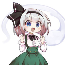 Rule 34 | 1girl, black bow, black bowtie, black hairband, blue eyes, blush, bob cut, bow, bowtie, breasts, center frills, collar, commentary request, frilled collar, frills, futa (nabezoko), hairband, hitodama, konpaku youmu, konpaku youmu (ghost), long sleeves, looking at viewer, medium breasts, open mouth, short hair, simple background, solo, touhou, white background