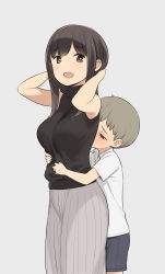 Rule 34 | 1boy, 1girl, :d, absurdres, age difference, arms behind head, black sweater, blush, breasts, bright pupils, brown eyes, child, collared shirt, grey background, grey hair, grey shorts, grey skirt, half-closed eyes, hands up, height difference, highres, hug, hug from behind, large breasts, light brown hair, long skirt, nora higuma, onee-shota, open mouth, original, shirt, short sleeves, shorts, simple background, skirt, sleeveless, sleeveless sweater, smelling, smile, sweater, white pupils, white shirt, wing collar