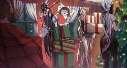 4girls arlecchino_(genshin_impact) bare_shoulders black_bodysuit black_dress black_gloves black_hair black_hands blonde_hair blue_eyes bodysuit box brown_hair cat cat_ornament christmas christmas_lights christmas_tree colored_extremities columbina_(genshin_impact) dress earrings elbow_gloves genshin_impact gift gloves head_wings high_heels highres holding holding_gift jewelry long_hair multicolored_hair multiple_girls penguin_ornament red_dress sakarvia sandrone_(genshin_impact) short_hair_with_long_locks signora_(genshin_impact) single_earring streaked_hair surprised tree two-tone_hair very_long_hair white_footwear white_gloves white_hair window wings