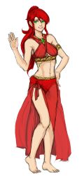Rule 34 | 1girl, arabian clothes, armlet, armpits, artist request, bare shoulders, barefoot, belly dancer, breasts, chest jewel, cleavage, collarbone, earrings, feet, female focus, fingernails, full body, gem, green eyes, green gemstone, hand on own hip, hand up, happy, highres, jewelry, large breasts, legs, long hair, long image, long skirt, looking at viewer, midriff, navel, neck, ponytail, pyrrha nikos, red hair, red skirt, roosterteeth, rwby, see-through, side bangs, side slit, sidelocks, simple background, skirt, sleeveless, smile, standing, tall image, thighs, tiptoes, toenails, toes, traditional media, very long hair, waving, white background