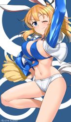 Rule 34 | 1girl, absurdres, animal ears, bikini, blouse, blue bikini, blue eyes, blush, bouncing breasts, breasts, charlotte e. yeager, cheerleader, cleavage, closed mouth, collarbone, highres, hiroshi (hunter-of-kct), large breasts, long hair, looking at viewer, one eye closed, orange hair, pom pom (cheerleading), rabbit ears, rabbit girl, rabbit tail, shiny skin, shirt, shorts, smile, solo, strike witches, swimsuit, tail, white shirt, world witches series