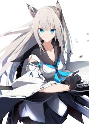 Rule 34 | 1girl, a.a (aa772), animal ear fluff, animal ears, azur lane, black gloves, black skirt, blue eyes, blue neckwear, blurry, blurry background, closed mouth, collarbone, commentary request, commission, depth of field, detached sleeves, fox ears, gloves, grey hair, hair between eyes, highres, katana, kawakaze (azur lane), long hair, long sleeves, looking at viewer, pixiv commission, pleated skirt, skirt, smile, solo, sword, v-shaped eyebrows, very long hair, weapon, white background, white sleeves, wide sleeves