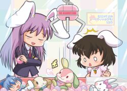 Rule 34 | 2girls, ^^^, against glass, animal ears, black jacket, blazer, brown hair, carrot necklace, character doll, cirno, closed eyes, collared shirt, commentary request, crane game, crescent, crescent pin, crossed arms, floppy ears, inaba tewi, jacket, jewelry, jun sasaura, long hair, long sleeves, medium bangs, multiple girls, necklace, necktie, o o, open mouth, pink shirt, pink skirt, puffy short sleeves, puffy sleeves, purple hair, rabbit ears, rabbit girl, red necktie, reisen udongein inaba, shirt, short hair, short sleeves, skirt, stuffed animal, stuffed rabbit, stuffed toy, touhou, translation request, triangle mouth, upper body, white shirt