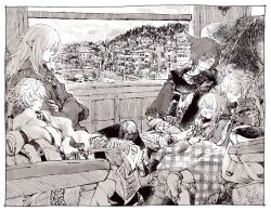 Rule 34 | 2girls, 3boys, :3, ahoge, alisaie leveilleur, alphinaud leveilleur, animal ears, backpack, bag, black pants, black scarf, blanket, border, braid, braided ponytail, cat ears, city, cityscape, closed eyes, collared jacket, commentary, crossed arms, drooling, elezen, elf, estinien varlineau, feet out of frame, final fantasy, final fantasy xiv, fringe trim, from side, g&#039;raha tia, hair ornament, hair ribbon, highres, holding, holding paper, itowo (itowc), jacket, jewelry, knee pads, lalafell, medium hair, miqo&#039;te, monochrome, multiple boys, multiple girls, open mouth, pants, paper, pendant, pointy ears, ribbon, scarf, sepia, short hair, siblings, sitting, sleeping, swept bangs, train interior, twins, warrior of light (ff14), white border, window, x hair ornament