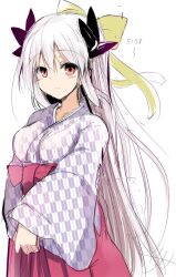 Rule 34 | 1girl, black horns, blush, bow, breasts, dragon girl, dragon horns, fate/grand order, fate (series), hair bow, hakama, horns, japanese clothes, kimono, kiyohime (fate), long hair, long sleeves, looking at viewer, medium breasts, multiple horns, pink hakama, ponytail, red eyes, sen (astronomy), smile, solo, white hair, white kimono, wide sleeves