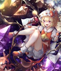 Rule 34 | 1girl, :d, absurdres, ascot, bare legs, blonde hair, bloomers, bobby socks, bow, chewi, commentary request, crystal, fang, flandre scarlet, flower, hair between eyes, hand up, hat, hat bow, highres, holding, huge filesize, knees up, laevatein, lens flare, looking at viewer, mary janes, midriff peek, miniskirt, mob cap, open mouth, puffy short sleeves, puffy sleeves, red bow, red eyes, red footwear, red skirt, red vest, sailor collar, shoes, short hair, short sleeves, skirt, skirt set, smile, socks, solo, thighs, touhou, underwear, vest, white bloomers, white flower, white hat, white sailor collar, white socks, wrist cuffs, yellow ascot