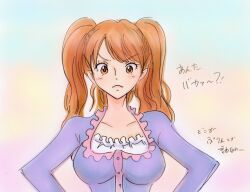 Rule 34 | 1girl, :&lt;, artist request, blush, breasts, brown eyes, brown hair, charlotte pudding, cleavage, large breasts, lips, long hair, looking at viewer, one piece, shiny skin, simple background, standing, translation request, twintails, very long hair