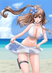 Rule 34 | 1girl, alternate costume, bikini, blue eyes, blue sky, breasts, brown hair, cleavage, cloud, commentary request, cowboy shot, day, flower, gluteal fold, hair between eyes, hair flower, hair ornament, highres, kantai collection, large breasts, looking at viewer, navel, outdoors, ponytail, saratoga (kancolle), sarong, side ponytail, sidelocks, sky, smile, solo, standing, swimsuit, t2r, white bikini