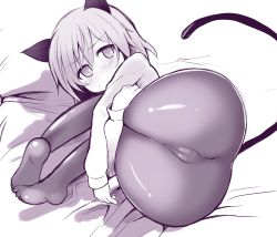 Rule 34 | 1girl, animal ears, ass, atahuta, bad id, bad twitter id, black pantyhose, blush, cameltoe, hugging own legs, legs together, looking at viewer, lying, monochrome, on side, pantyhose, sanya v. litvyak, short hair, solo, strike witches, sweatdrop, tail, world witches series