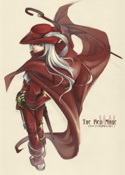 Rule 34 | 1boy, androgynous, boots, cape, english text, feathers, final fantasy, grey eyes, hair over one eye, hand on own hip, hat, hat feather, hip focus, long hair, looking back, male focus, red mage (final fantasy), rennerei, silver hair, smile, solo, staff
