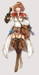 Rule 34 | 1girl, bag, blue eyes, boots, breasts, brown footwear, brown hair, brown thighhighs, cape, character request, cleavage, cleavage cutout, clothing cutout, garter straps, highres, leather, leather boots, makimura shunsuke, skirt, solo, thigh boots, thighhighs