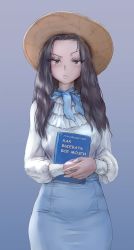 Rule 34 | 1girl, absurdres, blue background, blue ribbon, blue skirt, book, brown eyes, brown hair, closed mouth, formal, frilled shirt, frills, frown, gradient background, hat, high-waist skirt, highres, holding, holding book, iskanderednaksi, long hair, long sleeves, looking at viewer, mole, mole under eye, neck ribbon, original, own hands together, profanity, puffy long sleeves, puffy sleeves, purple background, raised eyebrow, ribbon, russian text, shirt, shirt tucked in, simple background, skirt, solo, sun hat, traditional clothes, translated, white shirt