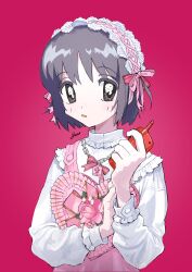 Rule 34 | 1girl, absurdres, black eyes, box, chain necklace, flower, frilled shirt, frills, grey hair, hairband, heart-shaped box, highres, holding, holding walkie-talkie, jewelry, lock, lock necklace, lolita hairband, long sleeves, looking at viewer, necklace, original, oyasumi guu guu, parted lips, pink background, pink flower, pink ribbon, ribbon, ribbon-trimmed hairband, shirt, short hair, signature, solo, upper body, walkie-talkie, white hairband, white shirt