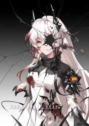 Rule 34 | 1girl, arknights, black background, black dress, blood, blood on clothes, broken, chinese commentary, cleavage cutout, clothing cutout, colored tips, commentary request, dress, gradient background, horns, long hair, looking at viewer, material growth, multicolored hair, nanxianyiduan, oripathy lesion (arknights), pink eyes, pink hair, smile, solo, theresa (arknights), two-tone hair, upper body, watermark, white background, white dress, white hair