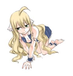 Rule 34 | 1girl, ahoge, all fours, ankle cuffs, barefoot, blonde hair, blue dress, breasts, cleavage, collarbone, dress, fairy tail, feet, full body, green eyes, hair between eyes, long hair, looking at viewer, mashima hiro, mavis vermilion, official art, pleated dress, simple background, small breasts, smile, solo, very long hair, white background, wrist cuffs