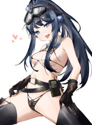 Rule 34 | 1girl, absurdres, arknights, astgenne (arknights), bare shoulders, belt, black bra, black footwear, black gloves, black panties, blue eyes, blue hair, blush, boots, bra, bracelet, breasts, bright pupils, cameltoe, cleavage, fang, gloves, goggles, goggles on head, heart, highres, infection monitor (arknights), jewelry, long hair, looking at viewer, medium breasts, micro bra, navel, open mouth, panties, ponytail, shin maboroshi, sidelocks, simple background, skin fang, solo, spread legs, thigh boots, tongue, tongue out, underwear, very long hair, walkie-talkie, white background