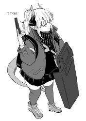 Rule 34 | 1girl, arknights, backpack, bag, ballistic shield, closed mouth, collared jacket, commentary request, dragon girl, dragon horns, dragon tail, from above, full body, greyscale, gun, hand up, handgun, haruichi (sazanami complex), hatching (texture), high collar, highres, holding, holding gun, holding weapon, horns, jacket, linear hatching, liskarm (arknights), long sleeves, looking ahead, medium hair, miniskirt, monochrome, open clothes, open jacket, pleated skirt, ponytail, scarf, serious, shield, shoes, simple background, skirt, sneakers, solo, standing, strap, sweater, tail, thighhighs, trigger discipline, weapon, white background