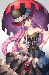 Rule 34 | 1girl, bare arms, bare shoulders, black dress, black eyes, breasts, cleavage, collarbone, dress, drill hair, frilled dress, frills, hand on own hip, hat, kobayashi sakon, large breasts, long hair, looking at viewer, one piece, perona, pink hair, sleeveless, sleeveless dress, smile, solo, strapless, strapless dress, umbrella, watch, wristwatch