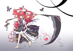 Rule 34 | 1girl, barefoot, gradient background, highres, long hair, looking at viewer, onozuka komachi, primsla, red eyes, red hair, scythe, short twintails, simple background, solo, touhou, twintails, walking, white background