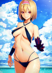 Rule 34 | 1girl, alice margatroid, arm warmers, bare arms, bare shoulders, bikini, blonde hair, blue bikini, blue sky, breasts, breasts apart, cloud, collarbone, commentary request, cowboy shot, criss-cross halter, day, earrings, frilled hairband, frills, grin, hair between eyes, hairband, halterneck, highleg, highleg bikini, highres, jewelry, layered bikini, lolita hairband, medium breasts, navel, navel piercing, o-ring, o-ring bikini, outdoors, piercing, pink hairband, pink lips, red eyes, short hair, sky, smile, solo, standing, stomach, swimsuit, sy4, thighs, touhou