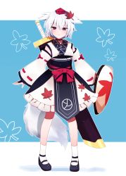 Rule 34 | 1girl, absurdres, animal ears, blue background, detached sleeves, full body, geta, hat, highres, holding, holding sword, holding weapon, inubashiri momiji, kourindou tengu costume, long sleeves, looking at viewer, pom pom (clothes), red eyes, ribbon-trimmed sleeves, ribbon trim, shirt, short hair, skirt, socks, solo, standing, sword, tail, tokin hat, touhou, weapon, white hair, white socks, wide sleeves, wolf ears, wolf tail, you (noanoamoemoe)