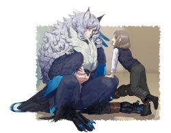 Rule 34 | 1boy, 1girl, animal ears, bird wings, black pants, black sclera, black socks, blue eyes, blue vest, blue wings, brown background, brown hair, colored sclera, digitigrade, facial mark, feather hair, feathered wings, full body, grey hair, hand on another&#039;s knee, harpy boy, knees up, leg up, lizard tail, long hair, long sleeves, looking at another, meziro001, monster boy, open mouth, original, pants, shirt, short hair, sidelocks, sitting, socks, sweater vest, tail, talons, vest, white shirt, wings