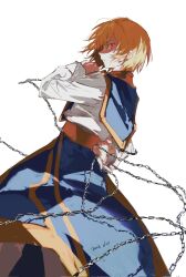 Rule 34 | 1boy, androgynous, blonde hair, chain, corrupted twitter file, earrings, hair between eyes, highres, hunter x hunter, jewelry, kurapika, long sleeves, looking at viewer, looking back, mei ren, nen (hunter x hunter), red eyes, ring, short hair, simple background, smile, solo, tabard, thumb ring, white background