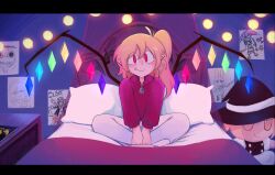 Rule 34 | 1girl, alternate costume, bed, bedroom, blonde hair, closed mouth, commentary, contemporary, crystal, drawing, english commentary, english text, fang, flandre scarlet, freckles, fumo (doll), highres, indian style, indoors, izayoi sakuya, kappce, kirisame marisa, koishi komeiji&#039;s heart-throbbing adventure, komeiji koishi, long sleeves, one side up, pants, pillow, pointy ears, red eyes, reisen udongein inaba, sitting, smile, solo, tatara kogasa, touhou, white pants, wings, zun (style)