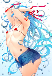 Rule 34 | 1girl, absurdres, arched back, areola slip, armpits, arms up, bikini, bikini top only, blue eyes, blue hair, breasts, bubble, cowboy shot, denim, denim shorts, from side, hair ribbon, hatsune miku, highres, long hair, looking at viewer, micro bikini, mole, mole on breast, navel, number tattoo, pants, papino, red bikini, ribbon, short shorts, shorts, shoulder tattoo, small breasts, solo, star tattoo, swimsuit, tattoo, torn clothes, torn pants, very long hair, vocaloid