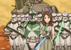 Rule 34 | 1girl, 6+boys, absurdres, asymmetrical clothes, at-te walker, black choker, blue lightsaber, bow, brown hair, chinese commentary, choker, clone trooper, commentary, cosplay request, ear covers, energy gun, energy sword, english commentary, green bow, green lightsaber, gun, helmet, highres, holding, holding gun, holding lightsaber, holding weapon, horse girl, jedi, king halo (umamusume), lightsaber, long hair, mixed-language commentary, multiple boys, parody, red eyes, science fiction, star wars, star wars: attack of the clones, sword, umamusume, weapon, yaya (17201490)