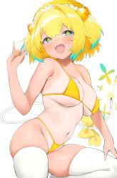 Rule 34 | 1girl, bikini, blonde hair, blue hair, blush, bombergirl, breasts, fangs, hair intakes, hair ornament, highres, large breasts, looking at viewer, multicolored hair, nail polish, navel, nekoshoko, one-piece tan, open mouth, pine (bombergirl), short hair, simple background, skindentation, solo, swimsuit, tan, tanline, thighhighs, two-tone hair, white background, white thighhighs, yellow bikini