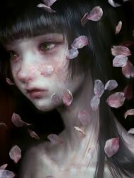 Rule 34 | 1girl, absurdres, black hair, blunt bangs, closed mouth, falling petals, hatena (nazequestion), highres, lips, long hair, original, painterly, petals, portrait, realistic, solo, straight hair, yellow eyes