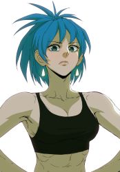 Rule 34 | 1girl, abs, blue eyes, blue hair, breasts, commentary, eljaykhun, english commentary, hands on own hips, highres, leona heidern, looking at viewer, looking down, medium breasts, muscular, muscular female, scowl, solo, sports bra, the king of fighters