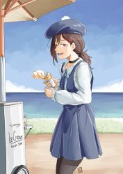Rule 34 | automatic giraffe, beach, beret, black hair, blue dress, blue hat, brown eyes, chainsaw man, choker, collared shirt, commentary, day, dress, english commentary, food, hair ornament, hairclip, hat, higashiyama kobeni, highres, holding, holding food, holding ice cream, ice cream, ice cream stand, long sleeves, looking at viewer, medium hair, mole, mole under eye, mole under mouth, neck ribbon, ocean, official alternate costume, outdoors, pantyhose, ponytail, ribbon, sand, shirt, single sidelock, sweat, umbrella, water, white shirt