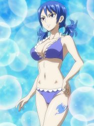 Rule 34 | 1girl, absurdres, bare shoulders, belly, bikini, blue eyes, blue hair, breasts, cleavage, fairy tail, female focus, highres, juvia lockser, large breasts, matching hair/eyes, navel, screencap, solo, stitched, swimsuit, tattoo, thick thighs, thighs, third-party edit