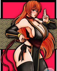 Rule 34 | 1girl, ass, astromaticart, breasts, brown hair, cleavage, dead or alive, highres, kasumi (doa), large breasts, long hair, ninja, pelvic curtain, sideboob, sleeveless, sword, thighhighs, weapon