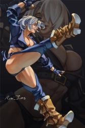 Rule 34 | 1girl, angel (kof), blue eyes, boots, bra, breasts, chaps, cowboy boots, cropped jacket, fingerless gloves, full body, gloves, hair over one eye, high heels, highres, jacket, large breasts, leather, leather jacket, long sleeves, rim jims, smile, snk, solo, standing, strapless, strapless bra, the king of fighters, the king of fighters xiv, toned, underwear