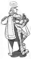 Rule 34 | 1boy, 1girl, alex ahad, atlus, back-to-back, cabbie hat, crossed arms, gloves, greyscale, gun, handgun, hat, height difference, jacket, jacket on shoulders, monochrome, pants, persona, persona 4, pistol, reverse trap, revolver, scar, shirogane naoto, short hair, sketch, tatsumi kanji, traditional media, weapon
