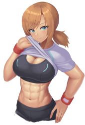 Rule 34 | 1girl, abs, absurdres, bike shorts, black shorts, black sports bra, breasts, brown hair, closed mouth, clothes lift, commentary request, cropped legs, green eyes, grey shirt, hand on own hip, highres, large breasts, lifting own clothes, looking at viewer, low twintails, medium hair, midriff, navel, original, ranma (kamenrideroz), shiny skin, shirt, shirt lift, short sleeves, short twintails, shorts, sidelocks, simple background, smile, solo, sports bra, stomach, sweat, sweatband, swept bangs, toned, twintails, white background, wiping sweat, wristband
