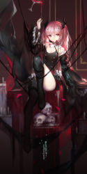 Rule 34 | 10s, 1girl, bare shoulders, breasts, detached sleeves, highres, krul tepes, long hair, owari no seraph, pink hair, pointy ears, red eyes, small breasts, solo, swd3e2, thighhighs, vampire