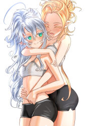 Rule 34 | 2girls, arm around neck, artist name, bike shorts, black shorts, blonde hair, breasts, closed eyes, commentary, elf, fang, folded ponytail, green eyes, highres, hug, hug from behind, kein hasegawa, long hair, looking at another, looking back, multiple girls, navel, open mouth, original, pointy ears, short shorts, shorts, signature, simple background, small breasts, sports bra, very long hair, white background, white hair, white sports bra, yuri