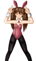 Rule 34 | 1girl, animal ears, brown hair, chibiosaka, closed eyes, cowboy shot, detached collar, detached sleeves, fake animal ears, flat chest, grin, kantai collection, leotard, long hair, magatama, magatama necklace, necklace, pantyhose, playboy bunny, red leotard, ryuujou (kancolle), smile, spread legs, thighs, twintails, v