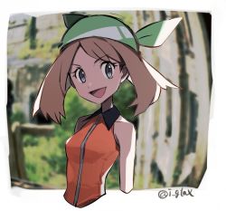 Rule 34 | 1girl, :d, bandana, bare arms, border, brown hair, collared dress, commentary request, creatures (company), dress, eyelashes, game freak, green bandana, grey eyes, i g1ax, looking at viewer, may (pokemon), medium hair, nintendo, open mouth, orange dress, pokemon, pokemon emerald, pokemon rse, sleeveless, sleeveless dress, smile, solo, tongue, twitter username, upper body, white border
