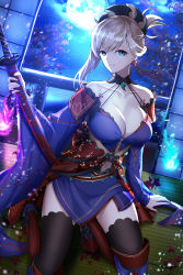 Rule 34 | 1girl, absurdres, asymmetrical hair, autumn leaves, bad id, bad pixiv id, black thighhighs, blue eyes, blue kimono, breasts, cleavage, clothing cutout, collarbone, detached sleeves, earrings, fate/grand order, fate (series), full moon, hair ornament, highres, holding, holding sword, holding weapon, indoors, japanese clothes, jewelry, katana, kimono, large breasts, leaf, leaf print, looking at viewer, magatama, maple leaf print, miyamoto musashi (fate), miyamoto musashi (third ascension) (fate), moon, navel cutout, obi, pink hair, ponytail, sash, sheath, sheathed, short kimono, sleeveless, sleeveless kimono, solo, sword, thighhighs, tree, twit eg0, unsheathed, weapon, wide sleeves