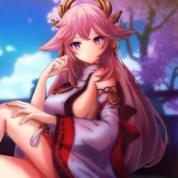 Rule 34 | 1girl, 3d background, animal ears, arm support, breasts, cherry blossoms, commentary request, detached sleeves, earrings, fox ears, fox girl, genshin impact, hair between eyes, hair ornament, highres, japanese clothes, jewelry, knees to chest, long hair, long sleeves, looking at viewer, nontraditional miko, parted lips, pink hair, purple eyes, ribbon-trimmed sleeves, ribbon trim, sideboob, sidelocks, sitting, smile, solo, tree, uchikata takeaki, vision (genshin impact), wide sleeves, yae miko