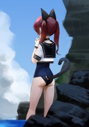 Rule 34 | 1girl, absurdres, animal ears, ass, ass cutout, back, bad id, bad twitter id, blue sky, bracelet, butt crack, cat ears, cat tail, choker, clothing cutout, cloud, crop top, day, dokshuri, feet out of frame, from behind, highres, jewelry, long hair, ocean, one-piece swimsuit, original, outdoors, own hands together, pink hair, rock, school swimsuit, school uniform, serafuku, shirt, short sleeves, sky, solo, standing, swimsuit, swimsuit under clothes, tail, tail through clothes, twintails, wading, water